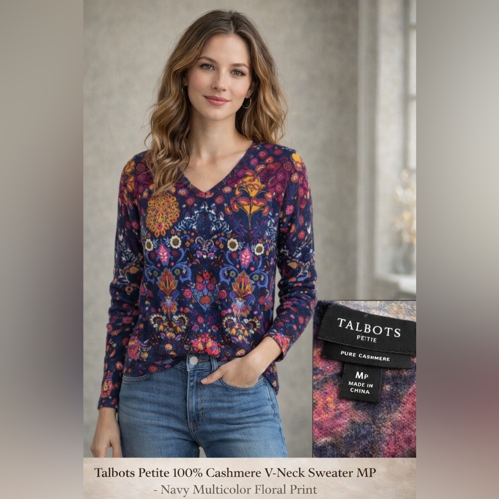 Talbots Petite 100% Cashmere V-Neck Sweater
Preppy Navy Multicolor Floral BoHo